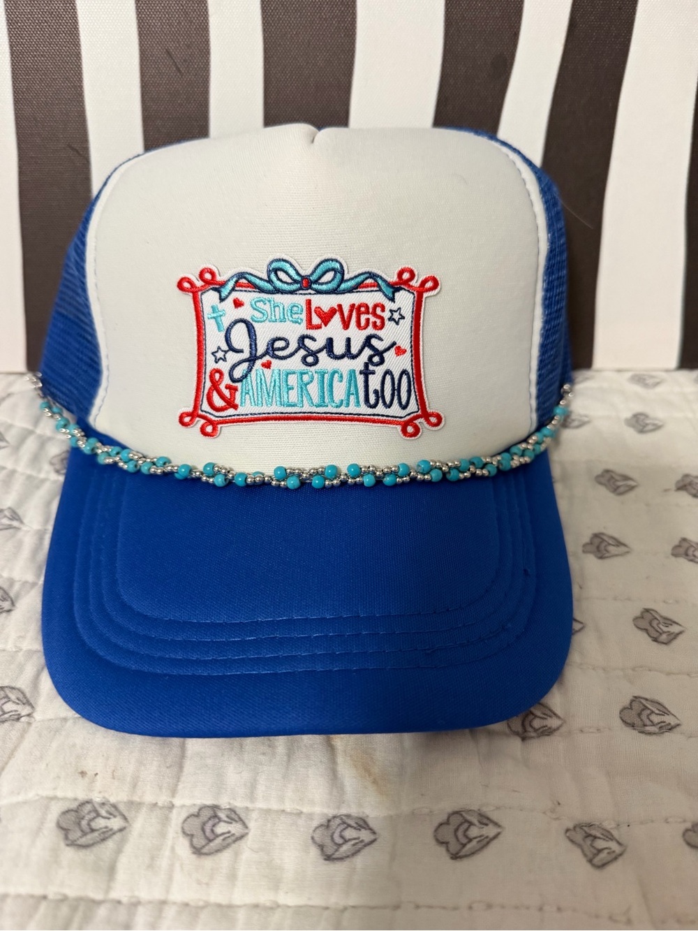 Blue & White Embroidered Trucker Hat - She Loves Jesus & America Too